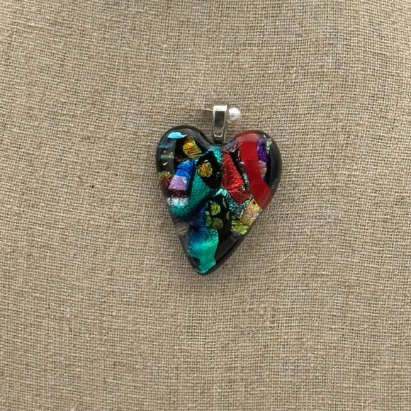 Handmade Jewelry - Handmade Dichroic Glass Heart Pendant Multi Color Shimmer Mosaic Art Glass Black